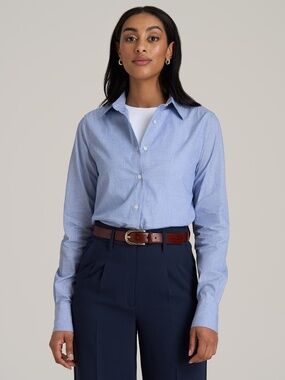 American Tall Regular Fit Dress Shirt for Tall Women in Chambray Blue Size 1010